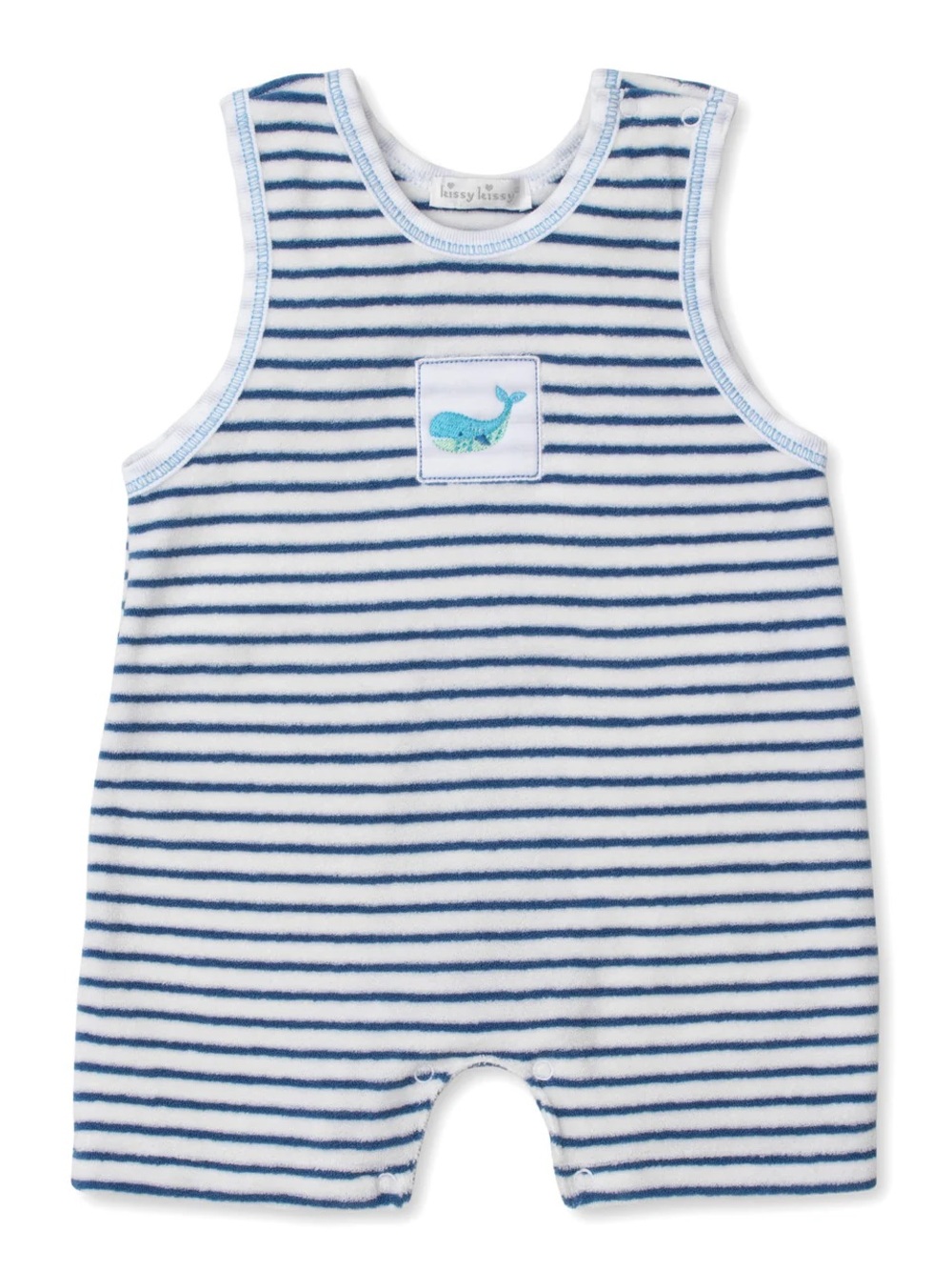 6-9 mos Kissy Kissy Watercolor Whales Terry Romper in blue and white stripes.